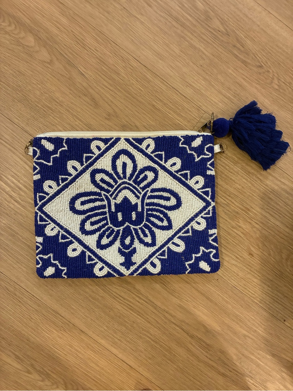 Anthropologie Hand-Beaded Blue and White Floral Tassel Pouch